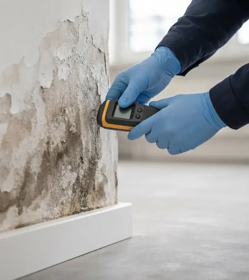 Muro con umidità di risalita e distacco dell'intonaco a Prato